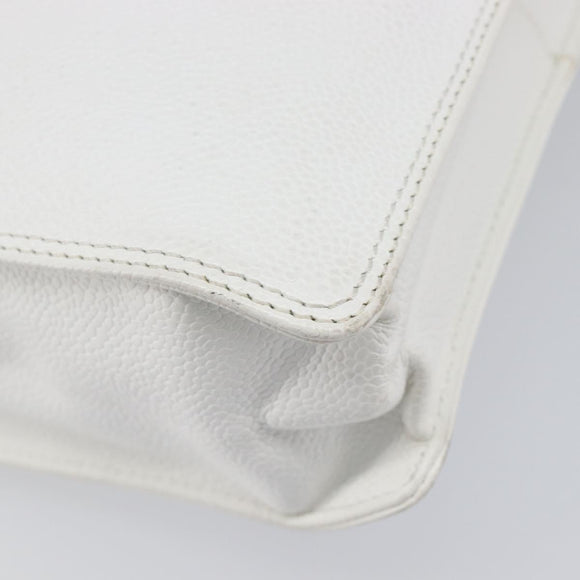 CHANEL COCO Mark Wood Hand Bag Caviar Skin White Gold CC Auth 201487V