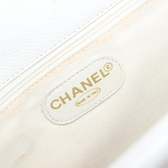 CHANEL COCO Mark Wood Hand Bag Caviar Skin White Gold CC Auth 201487V