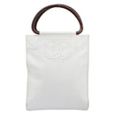 CHANEL COCO Mark Wood Hand Bag Caviar Skin White Gold CC Auth 201487V-2