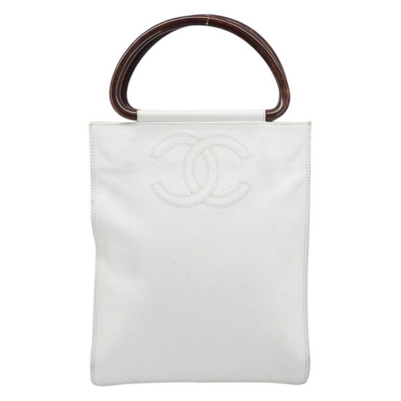 CHANEL COCO Mark Wood Hand Bag Caviar Skin White Gold CC Auth 201487V