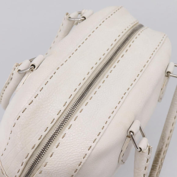 FENDI Celeria Hand Bag Leather White Silver Auth 201501