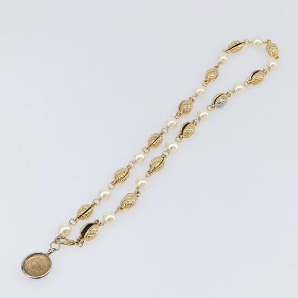CHANEL Pearl Necklace metal Gold White CC Auth 201532