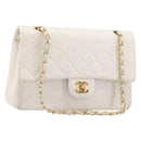 CHANEL Matelasse Double Flap Chain Bag Lamb Skin White Gold CC Auth 201534-1