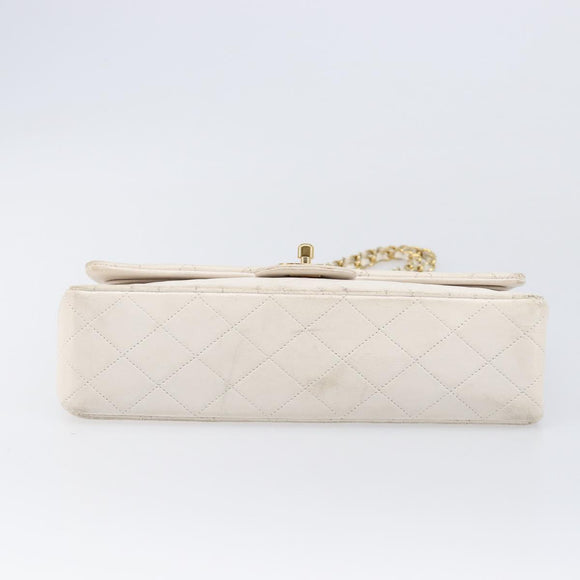 CHANEL Matelasse Double Flap Chain Bag Lamb Skin White Gold CC Auth 201534