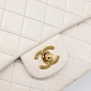 CHANEL Matelasse Double Flap Chain Bag Lamb Skin White Gold CC Auth 201534-19