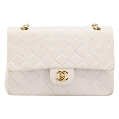 CHANEL Matelasse Double Flap Chain Bag Lamb Skin White Gold CC Auth 201534 - 0