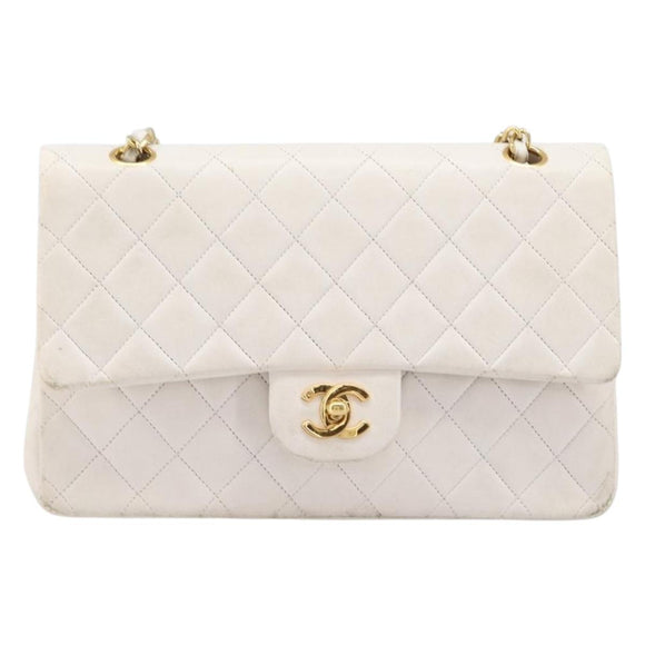 CHANEL Matelasse Double Flap Chain Bag Lamb Skin White Gold CC Auth 201534