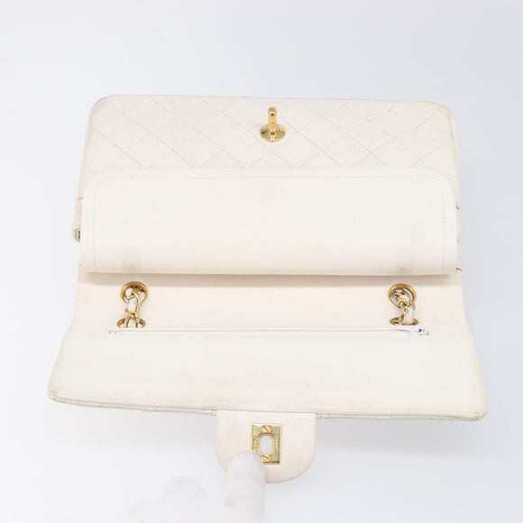 CHANEL Matelasse Double Flap Chain Bag Lamb Skin White Gold CC Auth 201534