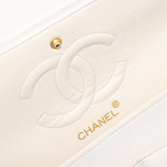 CHANEL Matelasse Double Flap Chain Bag Lamb Skin White Gold CC Auth 201534
