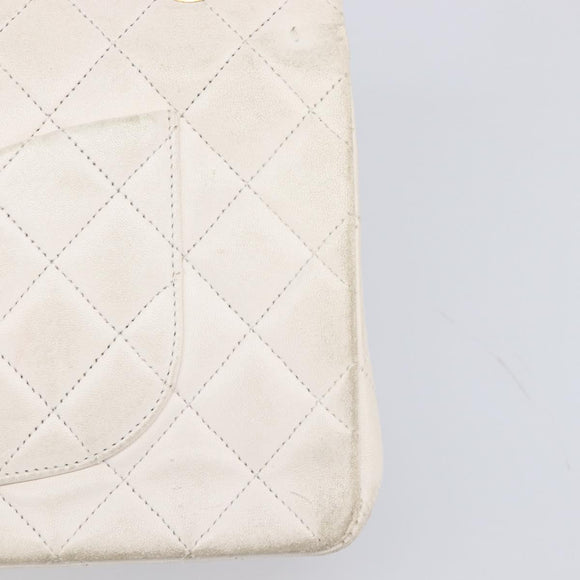 CHANEL Matelasse Double Flap Chain Bag Lamb Skin White Gold CC Auth 201534