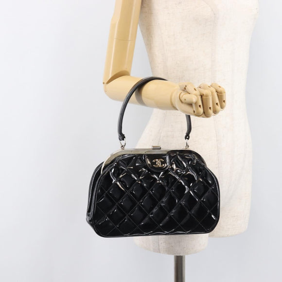 CHANEL Matelasse Hand Bag Patent leather Black Silver CC Auth 201536V