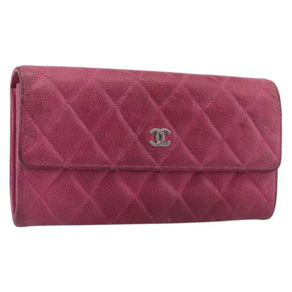 CHANEL Matelasse Long Wallet Caviar Skin Pink Silver CC Auth 201551