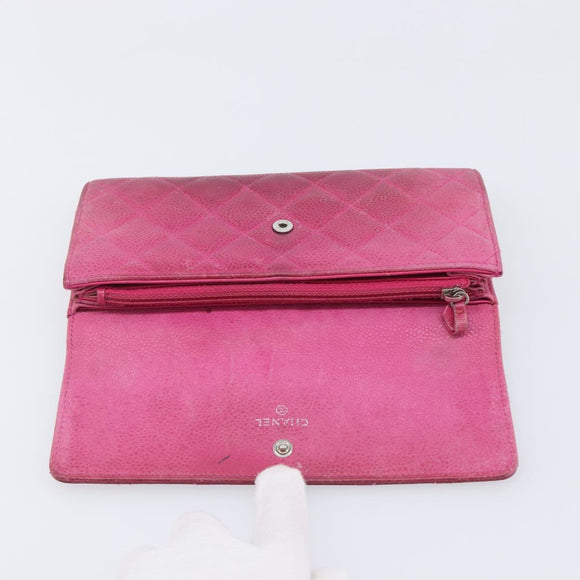 CHANEL Matelasse Long Wallet Caviar Skin Pink Silver CC Auth 201551
