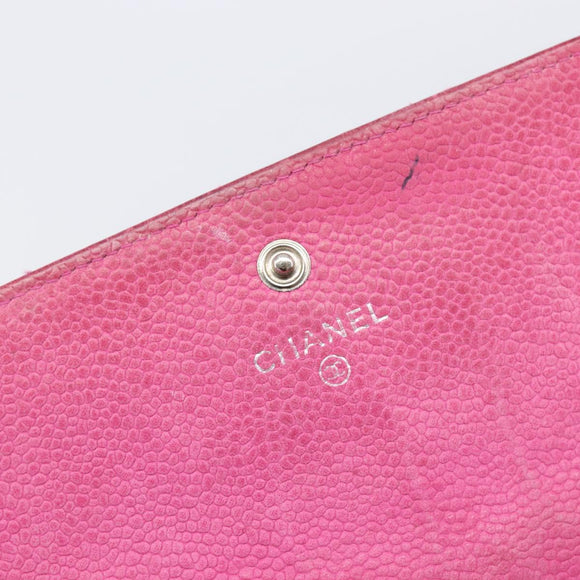CHANEL Matelasse Long Wallet Caviar Skin Pink Silver CC Auth 201551