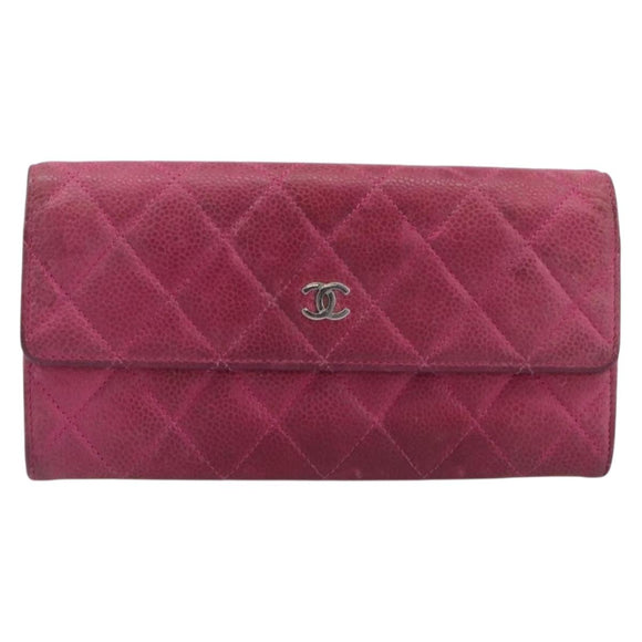 CHANEL Matelasse Long Wallet Caviar Skin Pink Silver CC Auth 201551