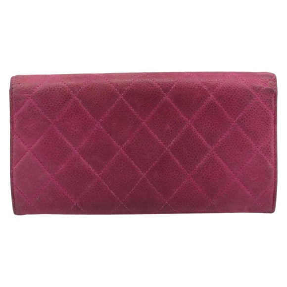 CHANEL Matelasse Long Wallet Caviar Skin Pink Silver CC Auth 201551