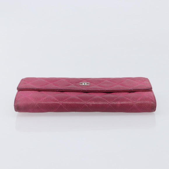 CHANEL Matelasse Long Wallet Caviar Skin Pink Silver CC Auth 201551