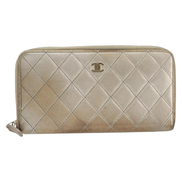 CHANEL Matelasse Long Wallet Lamb Skin Champagne Gold CC Auth 201554