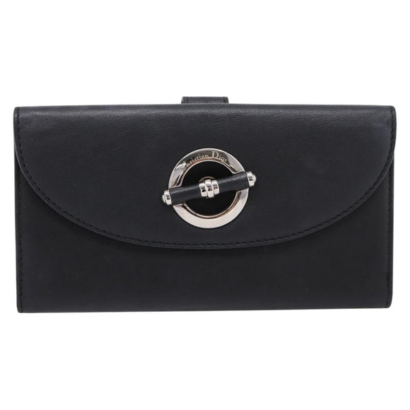 Christian Dior Long Wallet Leather Black Silver Auth 201593