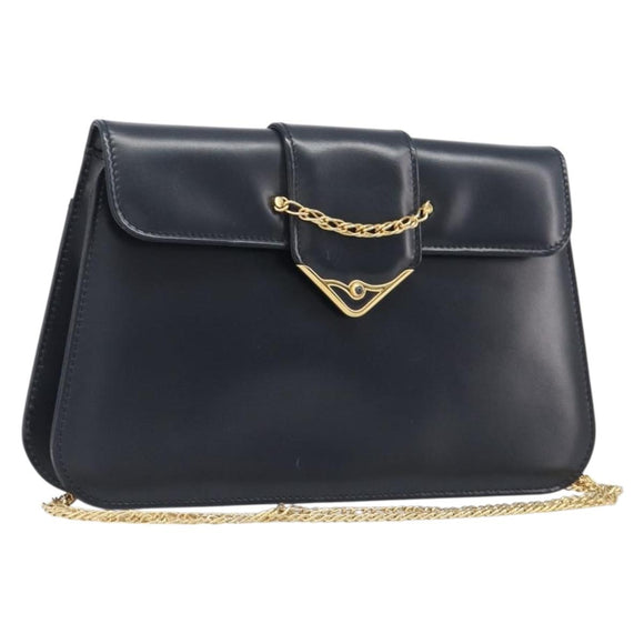CARTIER Sapphire Line Chain Shoulder Bag Leather Navy Gold Auth 201887A