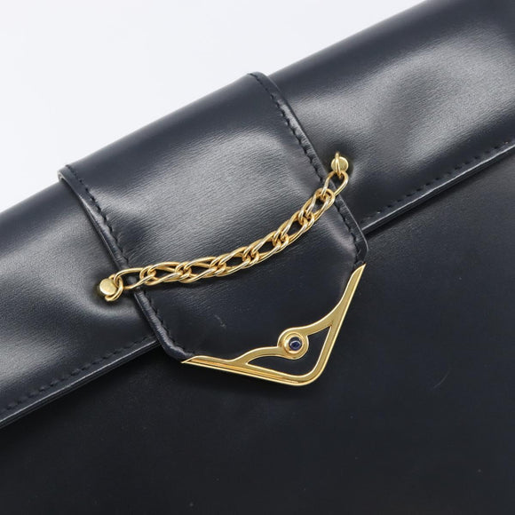 CARTIER Sapphire Line Chain Shoulder Bag Leather Navy Gold Auth 201887A