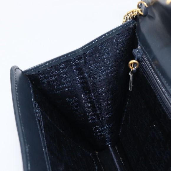 CARTIER Sapphire Line Chain Shoulder Bag Leather Navy Gold Auth 201887A