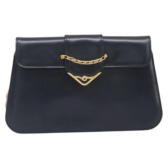 CARTIER Sapphire Line Chain Shoulder Bag Leather Navy Gold Auth 201887A