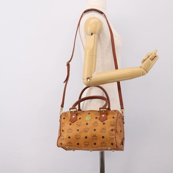 MCM Logogram Vicetos Boston Bag PVC Leather 2way Brown Gold Auth 201891A