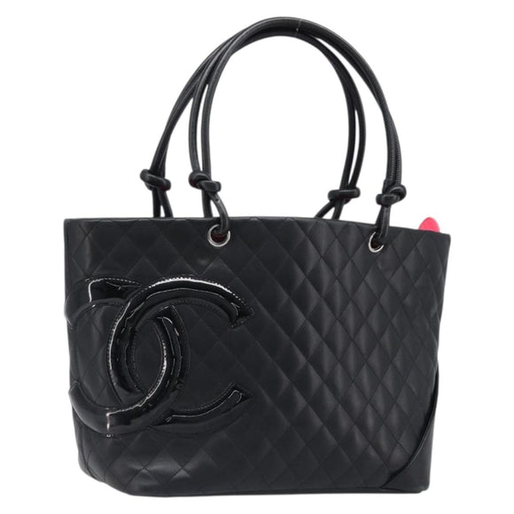 CHANEL Cambon Line Matelasse Tote Bag Leather Black Silver CC Auth 201902V