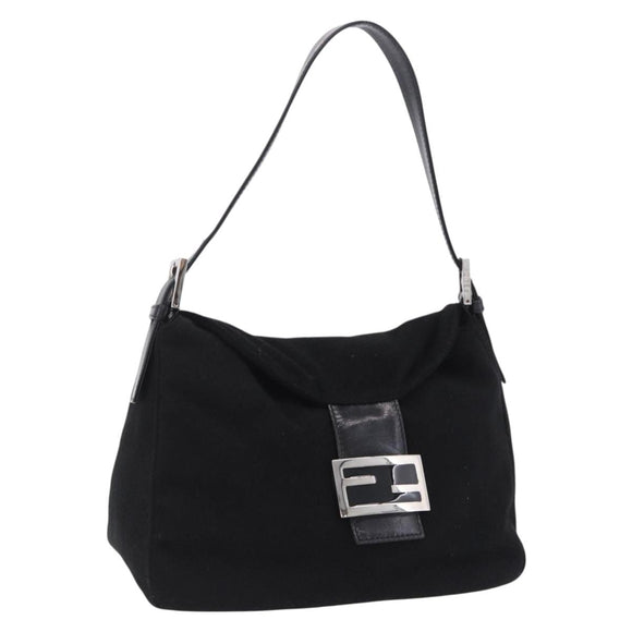 FENDI Mamma Baguette Shoulder Bag Wool Black Silver Auth 201915V