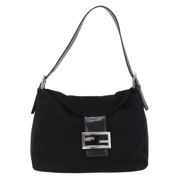 FENDI Mamma Baguette Shoulder Bag Wool Black Silver Auth 201915V