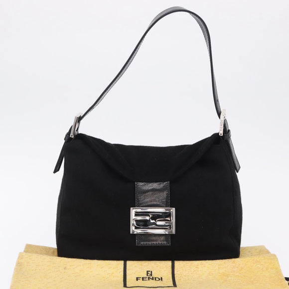 FENDI Mamma Baguette Shoulder Bag Wool Black Silver Auth 201915V
