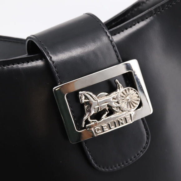 CELINE Horse Carriage Shoulder Bag Leather Black Silver Auth 201919A