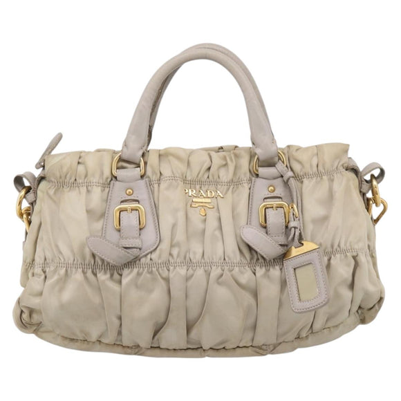 PRADA Gathered Hand Bag Nylon 2way Beige Gold Auth 201930