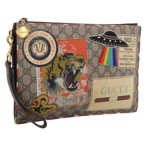GUCCI GG Supreme Courier Clutch Bag PVC Beige 473915 Auth 201932A