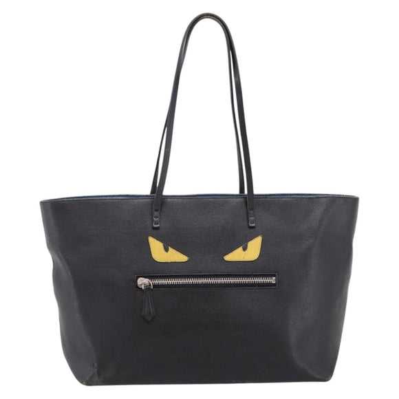 FENDI Monster Tote Bag Leather Black Silver Auth 201937
