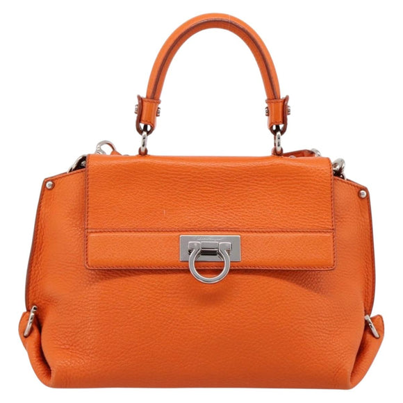 Salvatore Ferragamo Sofia Gancini Bag Leather 2way Orange Silver Auth 201941A