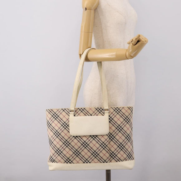 BURBERRY Nova Check Tote Bag Canvas Ivory Silver Auth 201961