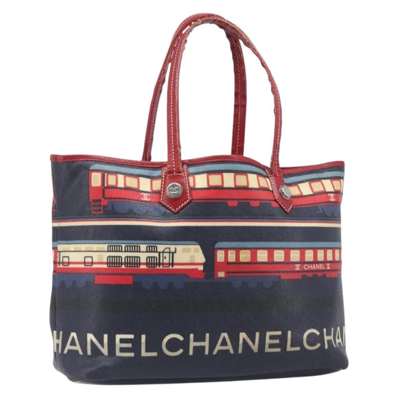 CHANEL Central Station Tote Bag PVC Canvas Navy Silver CC Auth 201987