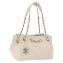 CHANEL V-Stitch Icon Series Chain Bag Canvas Beige Silver CC Auth 201991A-1
