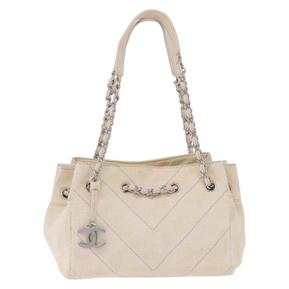 CHANEL V-Stitch Icon Series Chain Bag Canvas Beige Silver CC Auth 201991A