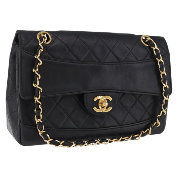 CHANEL Matelasse Chain Shoulder Bag Lamb Skin Black Gold CC Auth 202003SAV