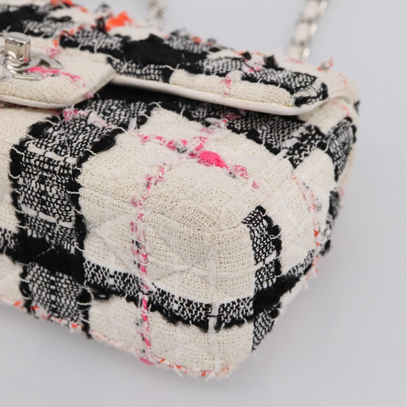 CHANEL Mini Matelasse 20 Chain Shoulder Bag tweed White Silver CC Auth 202073SM