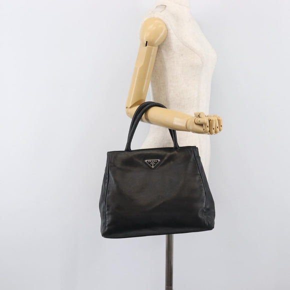 PRADA Hand Bag Leather Black Silver Auth 202075A