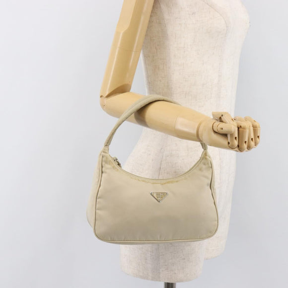 PRADA Accessory Pouch Nylon Beige Silver Auth 202088