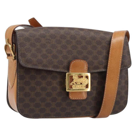 CELINE Macadam Horse Carriage Shoulder Bag PVC Brown Gold Tone Auth 202089A