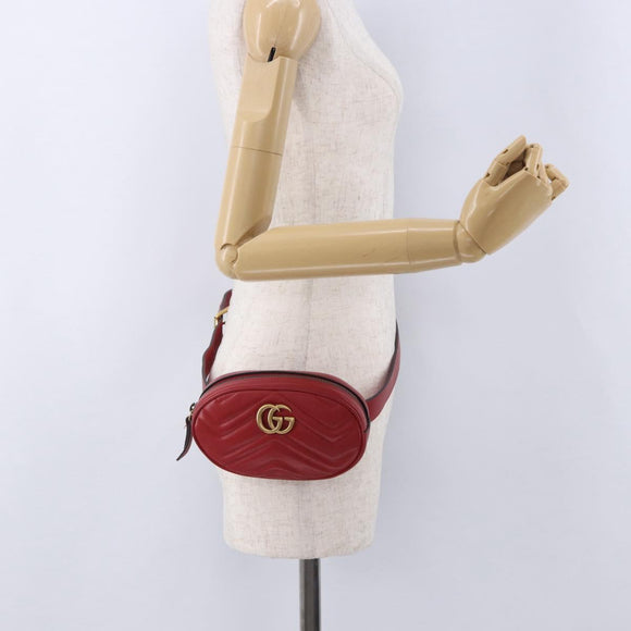 GUCCI GG Marmont Waist Bag Leather Red Gold Tone 476434 Auth 202090V