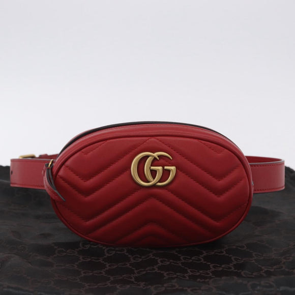 GUCCI GG Marmont Waist Bag Leather Red Gold Tone 476434 Auth 202090V