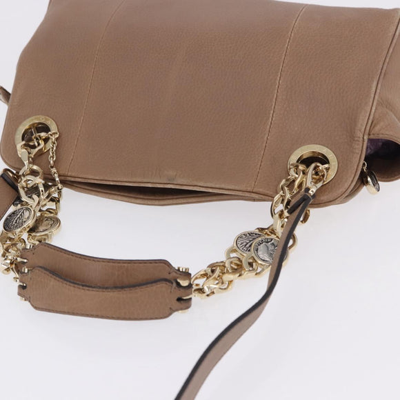 BVLGARI Chain Shoulder Tote Bag Leather 2way Beige Gold Tone Auth 202093A