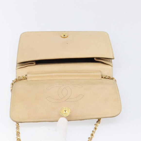 CHANEL Matelasse Chain Shoulder Bag Lamb Skin Beige Gold Tone CC Auth 202094